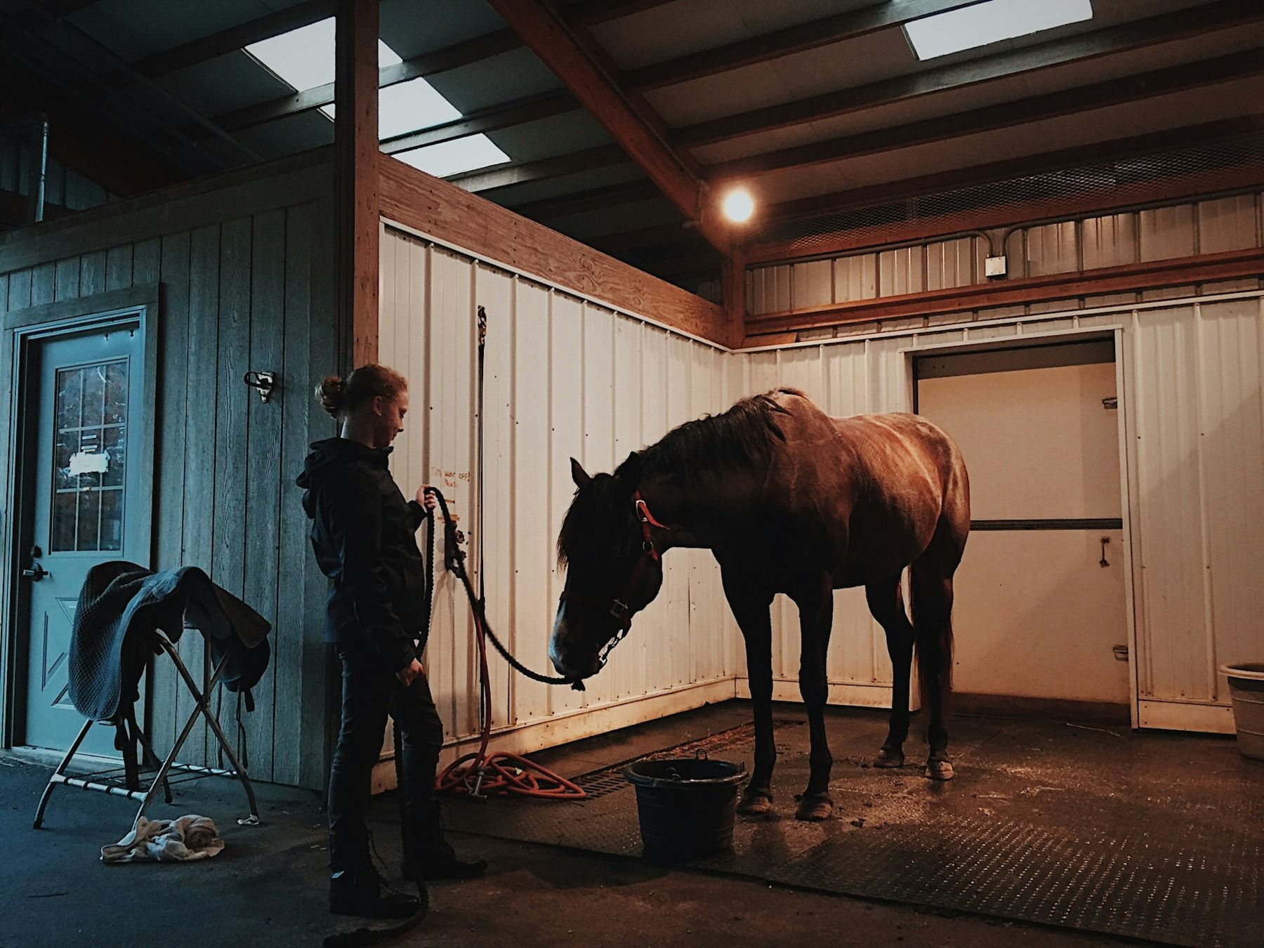 A handler leading a horse inside a working barn